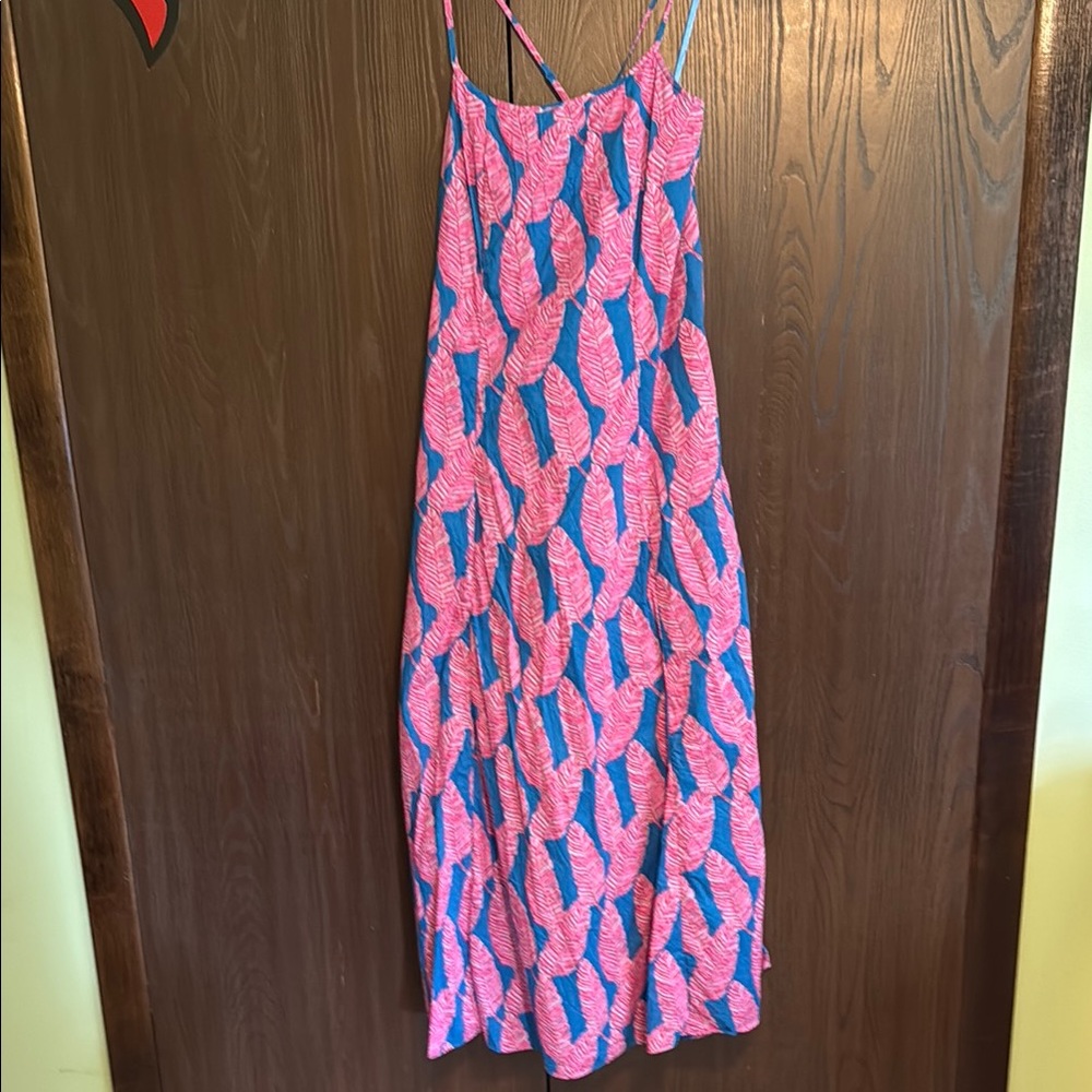 Vineyard Vines Vibrant Pink and Blue Feather Maxi Dress